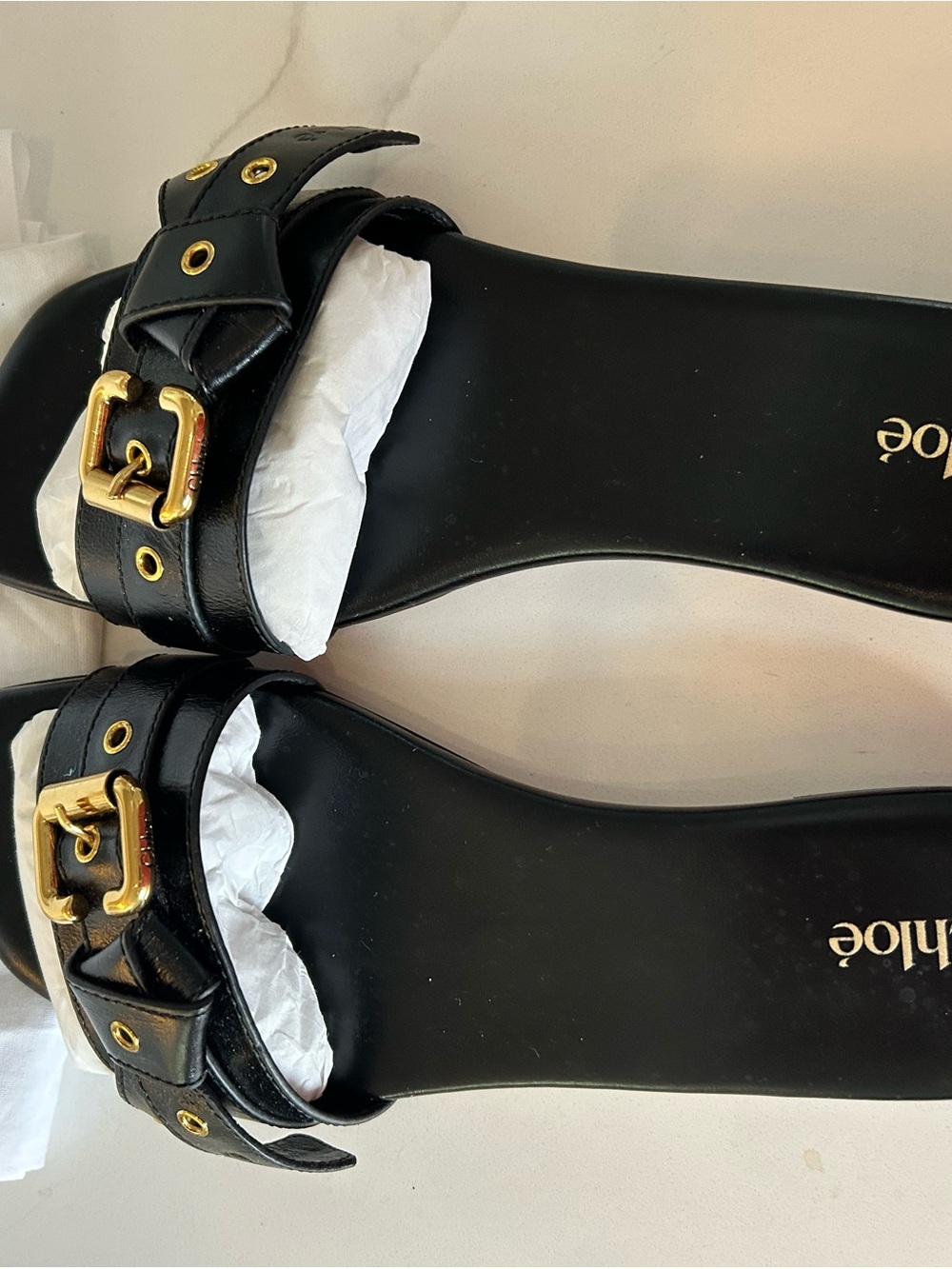 Chloe Mae Black Leather Slide Sandals with Gold Buckle Accent